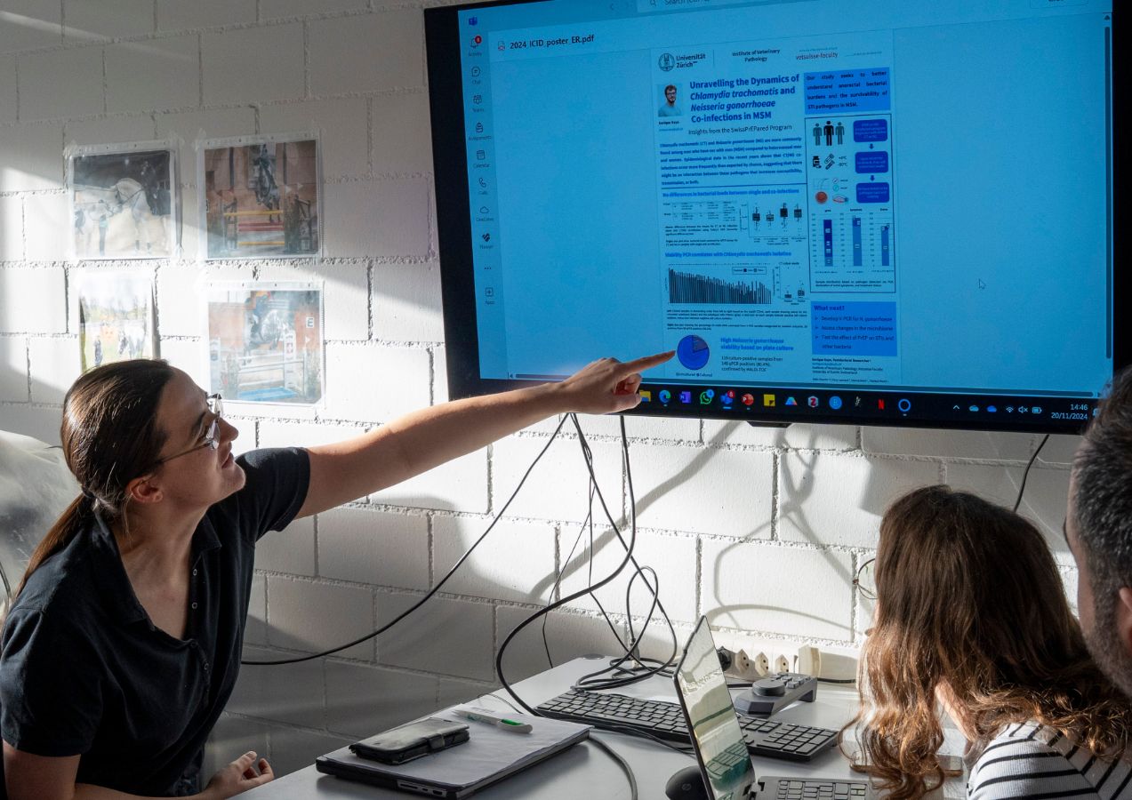 Poster discussion for an upcoming infectious-diseases conference during a lab meeting.